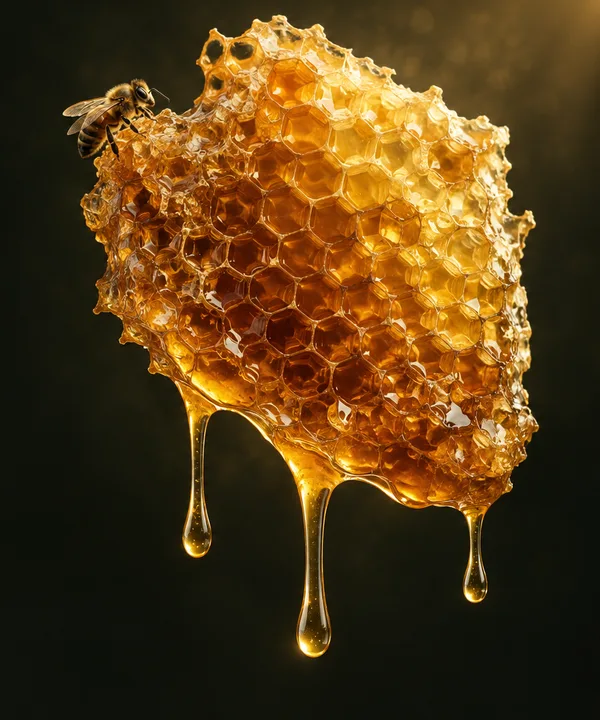 Golden honeycomb cells glistening with honey, an illustrative still life