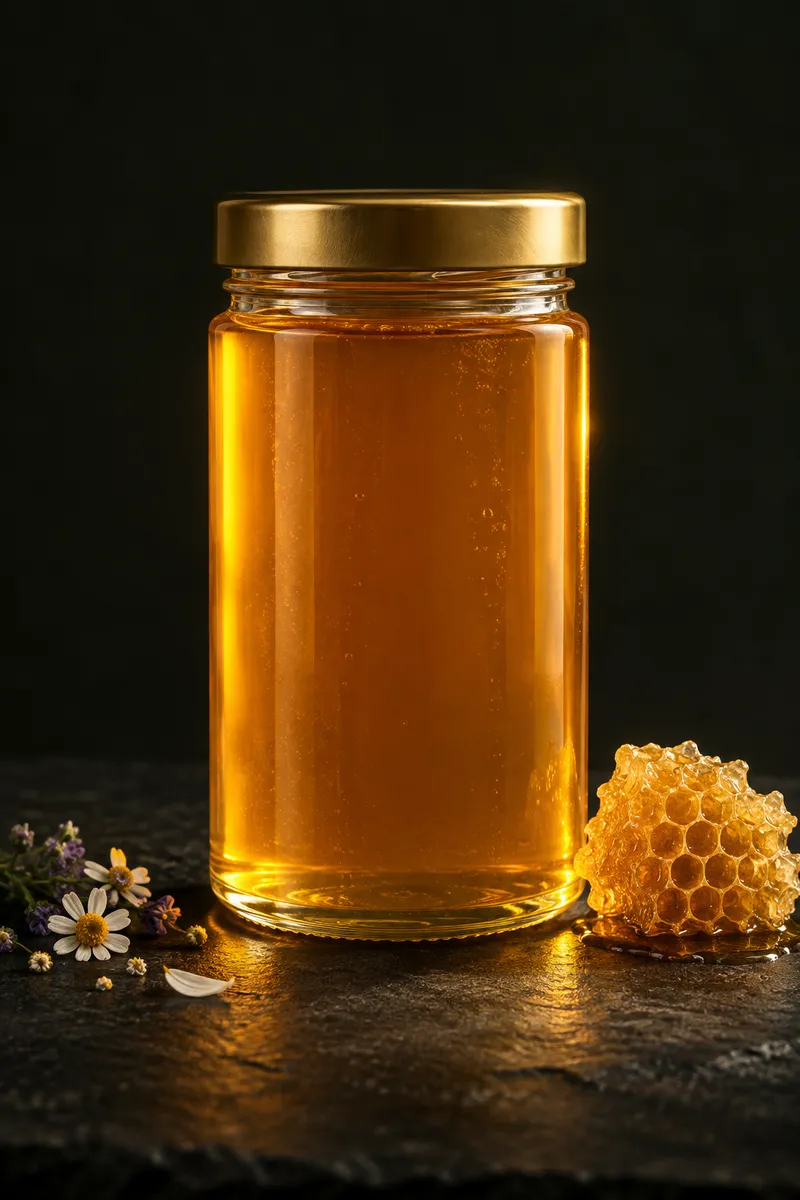 Proposed amber honey jar presentation with the Woodland Creek label