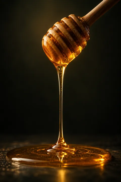 Golden honey pouring from a wooden dipper, an illustrative honey still life