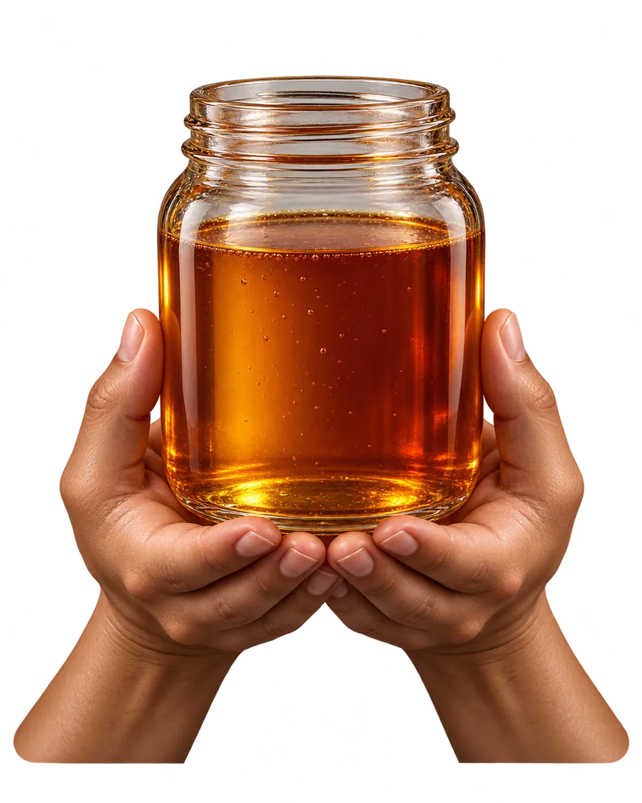 An illustrative pair of hands gently holding a jar of amber honey
