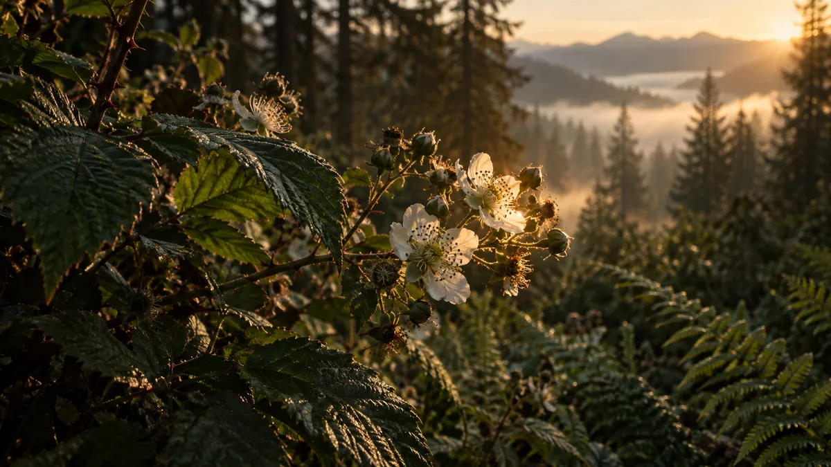 An artistic impression of sunlit blackberry blossoms and Pacific Northwest woodland